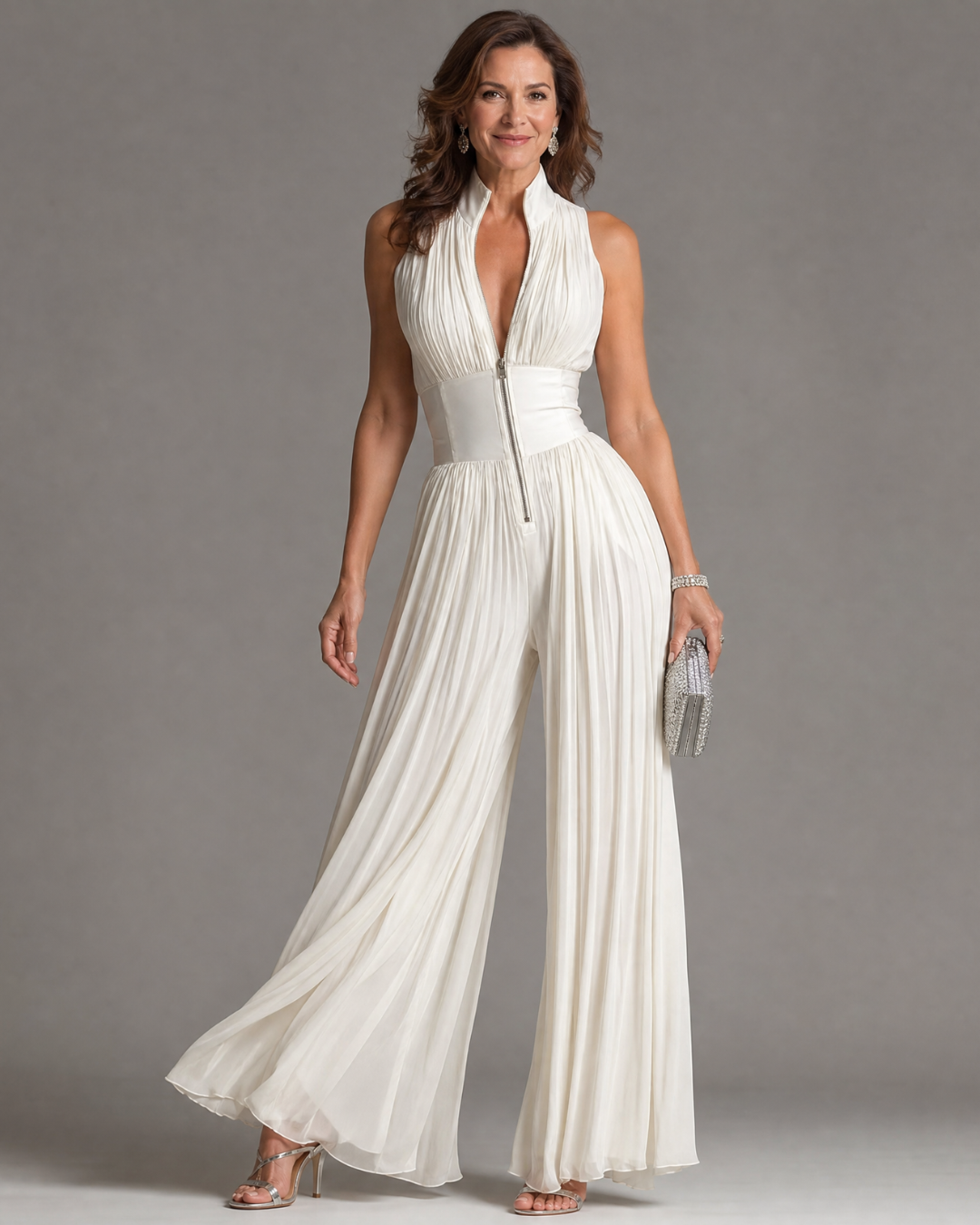 Pleated Halter Neck Wide Leg Jumpsuit