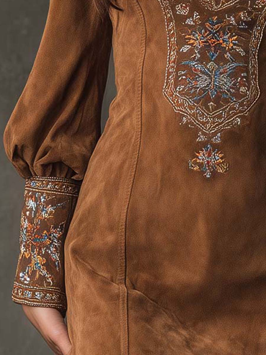 Riley | V-Neck Suede Embroidered Mini Dress
