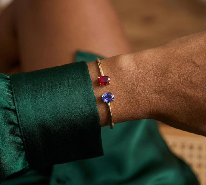 Personalized 2 Birthstone Oval Cuff Bracelet – Dainty Bangle
