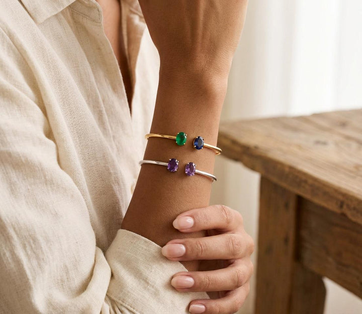 Personalized 2 Birthstone Oval Cuff Bracelet – Dainty Bangle