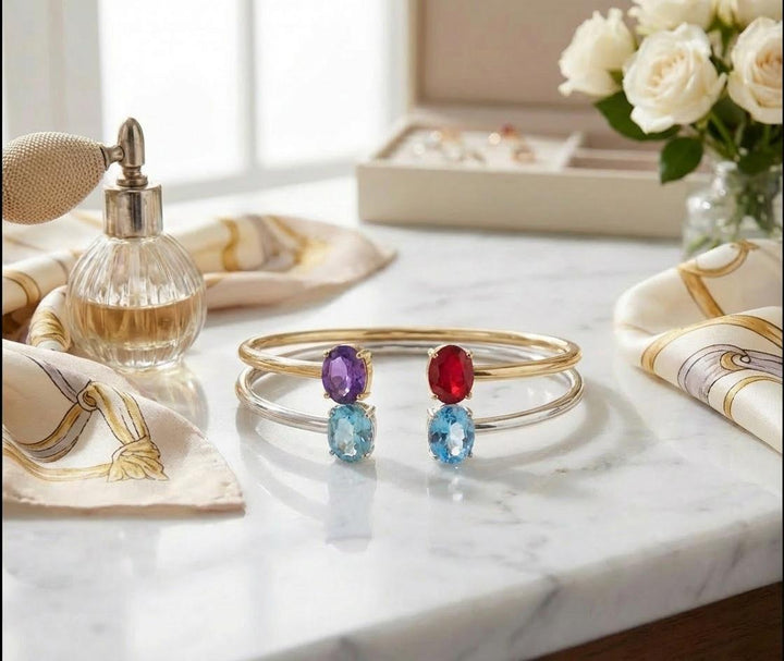 Personalized 2 Birthstone Oval Cuff Bracelet – Dainty Bangle