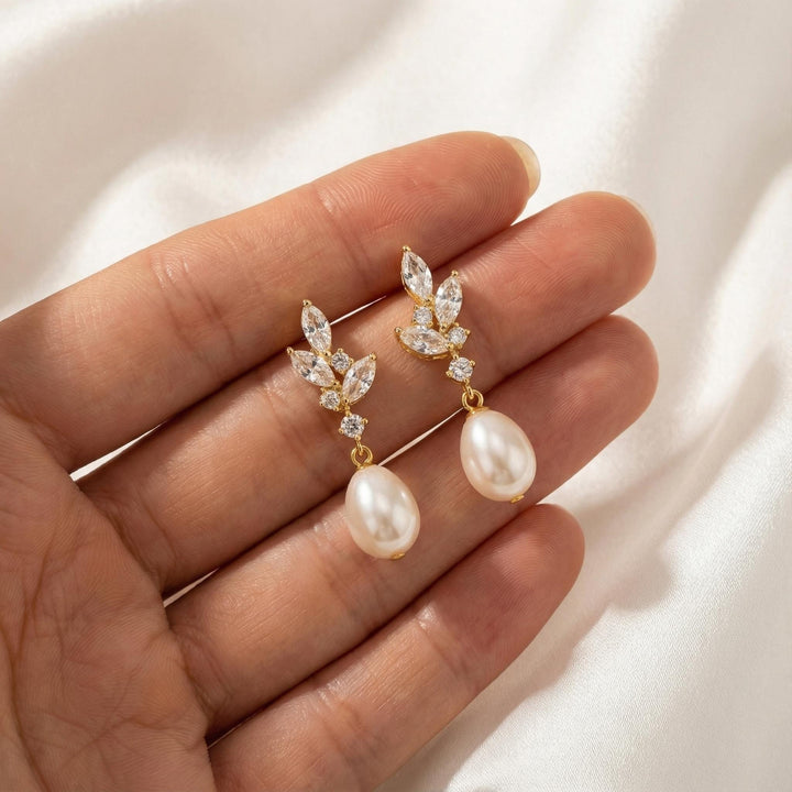 Natural Pearl & Crystal Drop Earrings – Silver Leaf Bridal Earrings