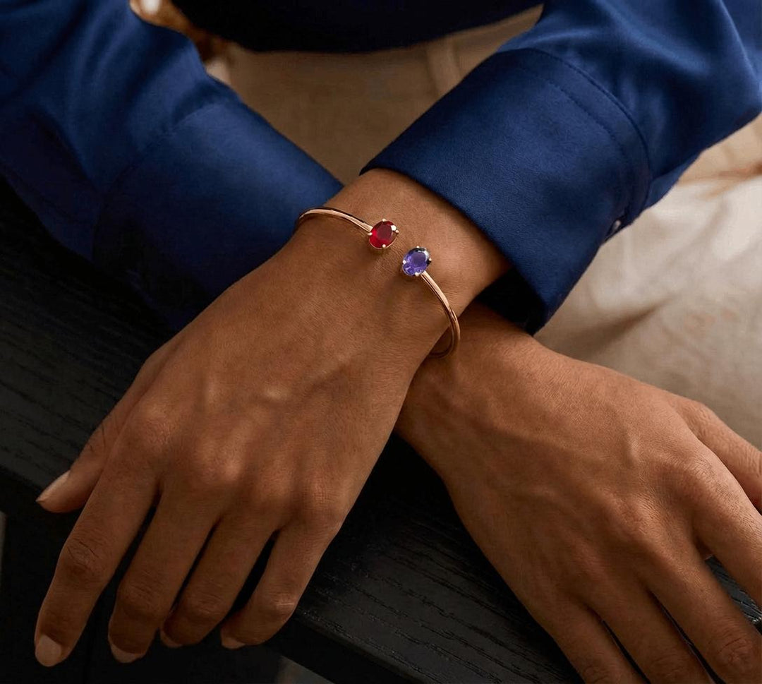 Personalized 2 Birthstone Oval Cuff Bracelet – Dainty Bangle