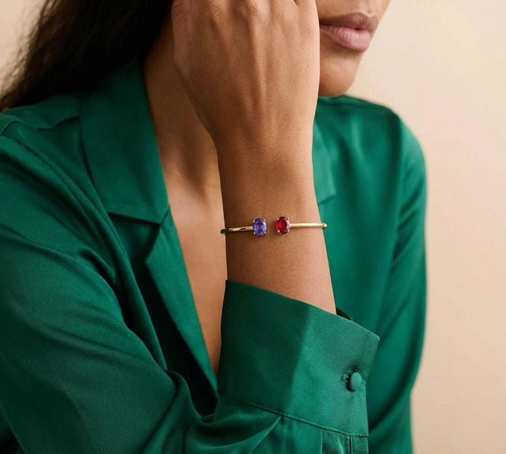 Personalized 2 Birthstone Oval Cuff Bracelet – Dainty Bangle