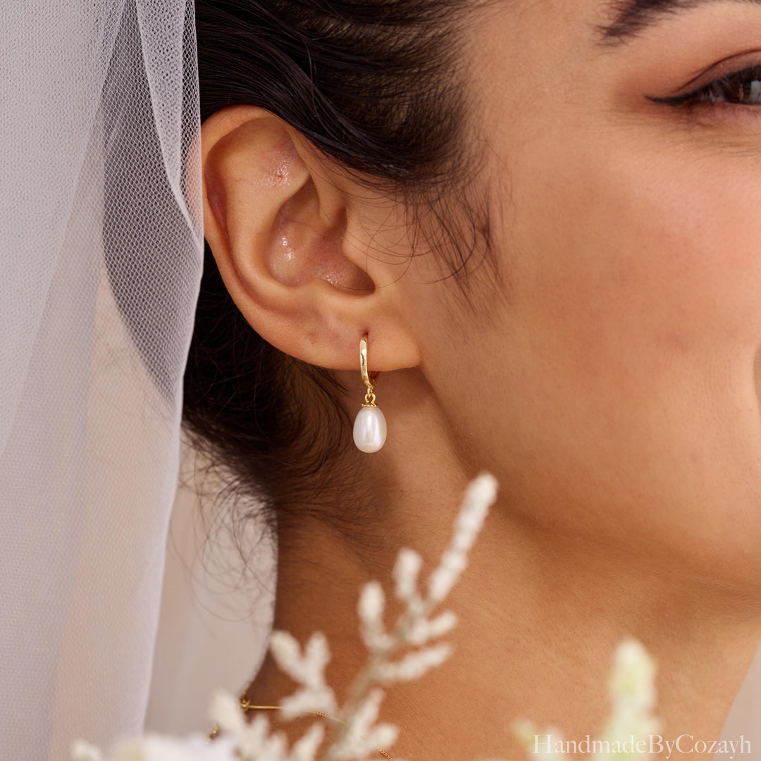 Dainty Freshwater Pearl Drop Hoop Earrings — Gold Huggie Bridal Gift