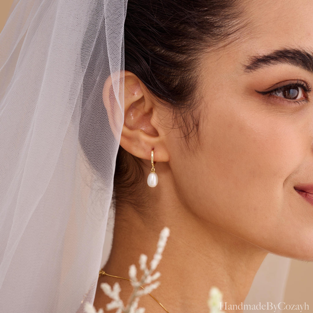 Dainty Freshwater Pearl Drop Hoop Earrings — Gold Huggie Bridal Gift