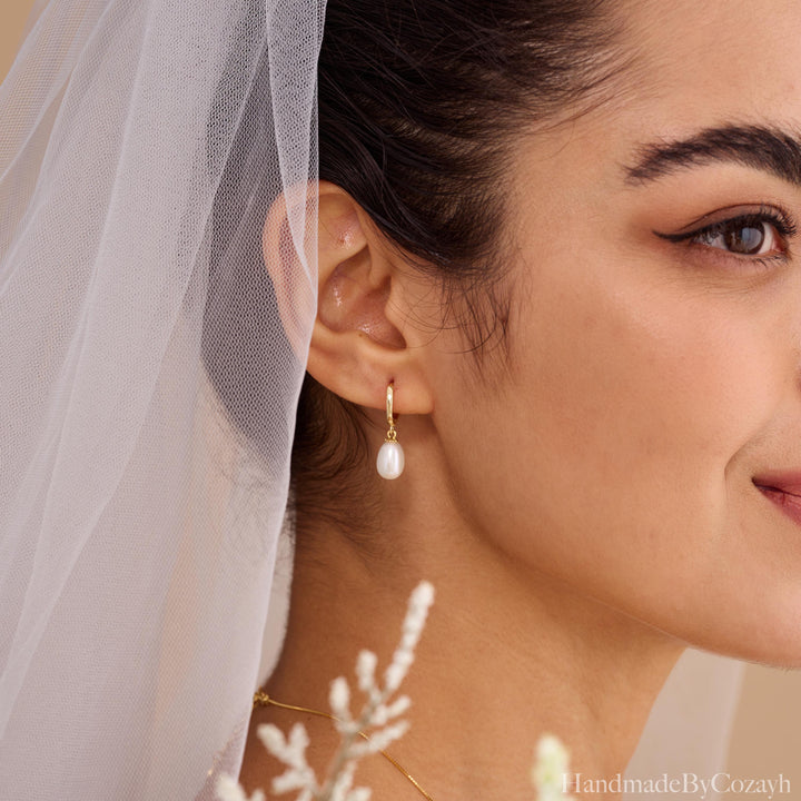 Dainty Freshwater Pearl Drop Hoop Earrings — Gold Huggie Bridal Gift