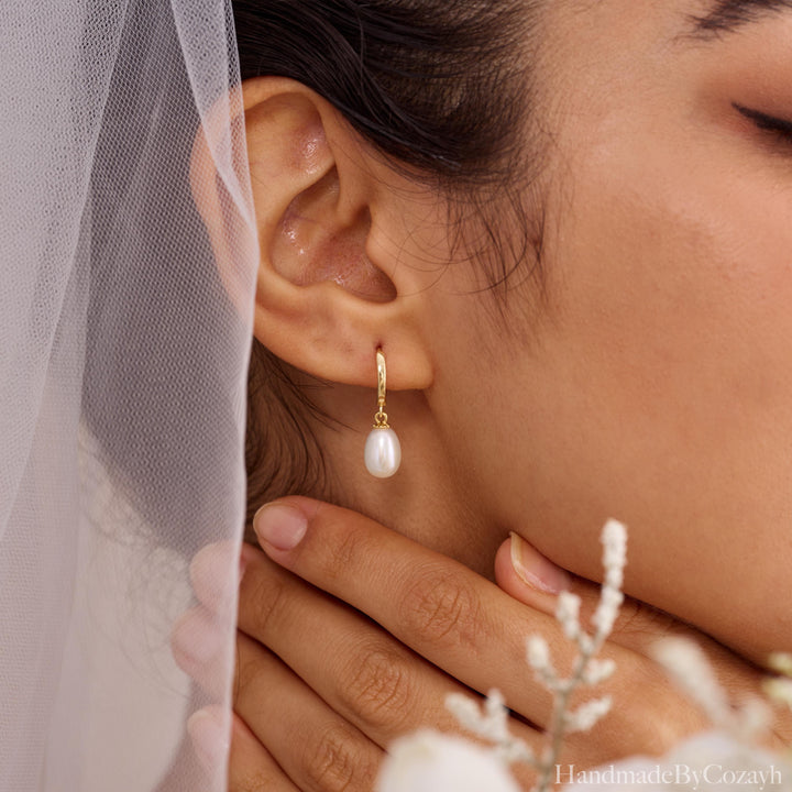 Dainty Freshwater Pearl Drop Hoop Earrings — Gold Huggie Bridal Gift