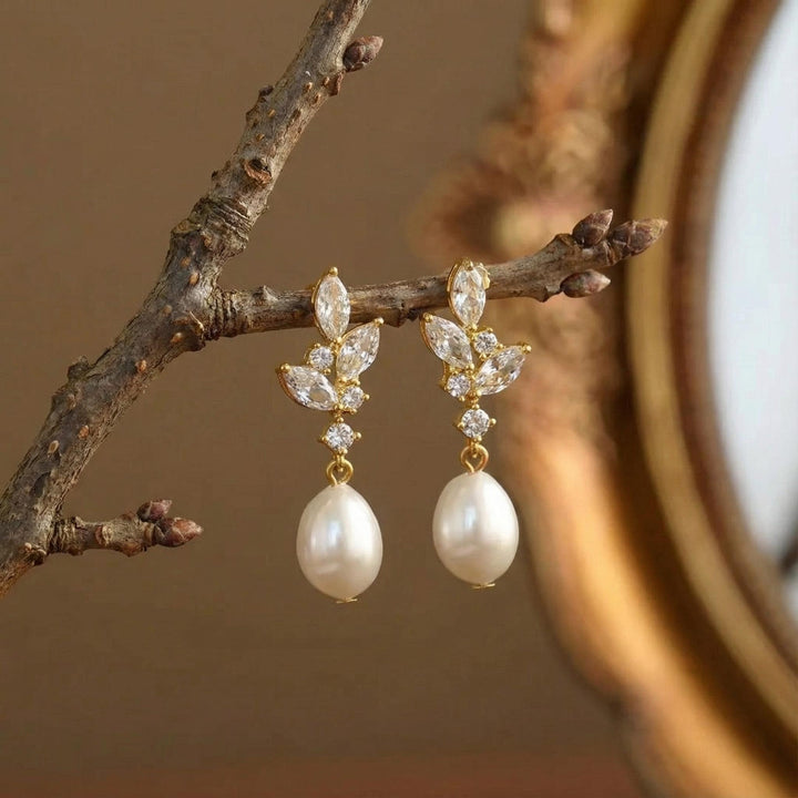 Natural Pearl & Crystal Drop Earrings – Silver Leaf Bridal Earrings