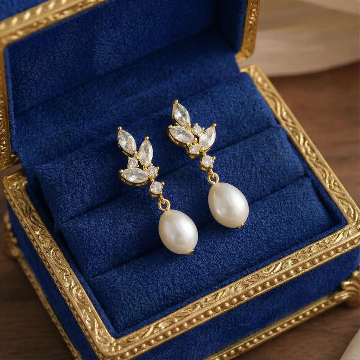 Natural Pearl & Crystal Drop Earrings – Silver Leaf Bridal Earrings