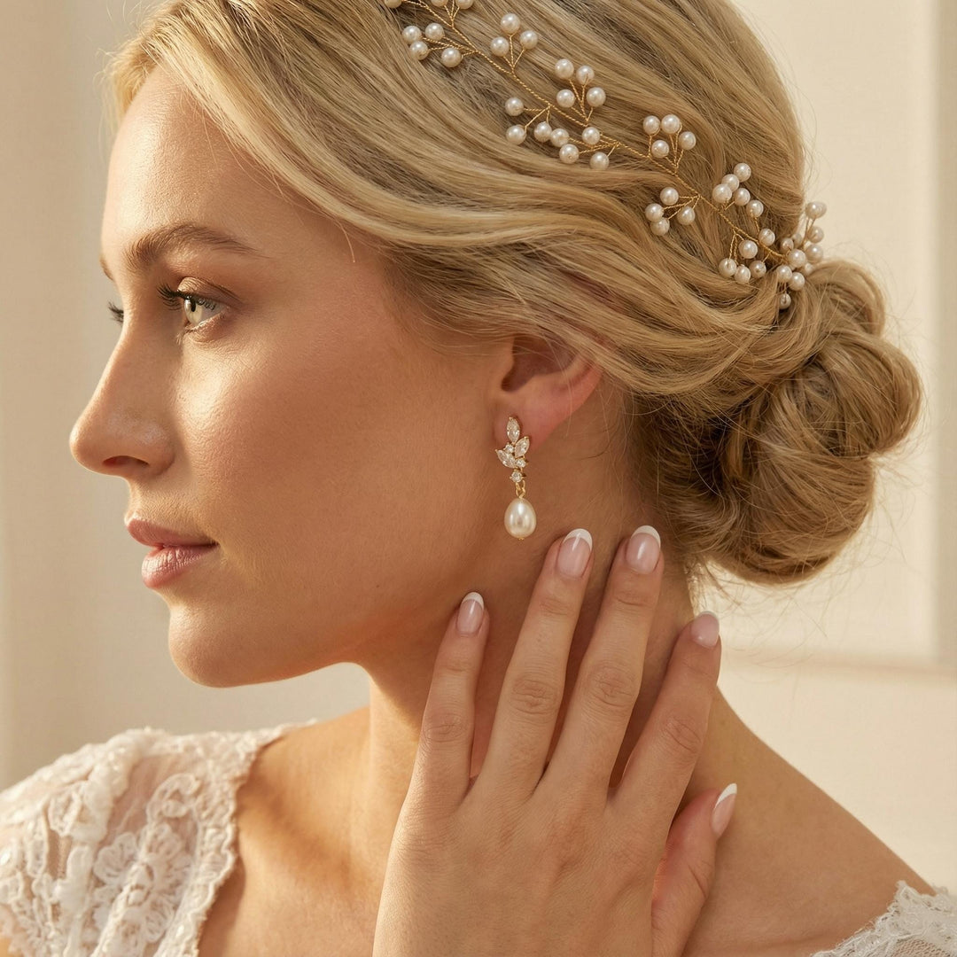 Natural Pearl & Crystal Drop Earrings – Silver Leaf Bridal Earrings