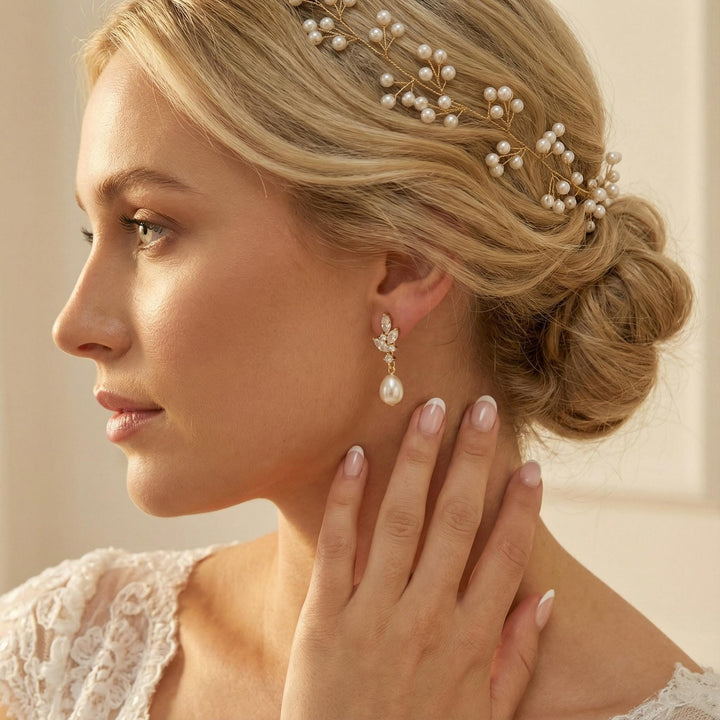 Natural Pearl & Crystal Drop Earrings – Silver Leaf Bridal Earrings