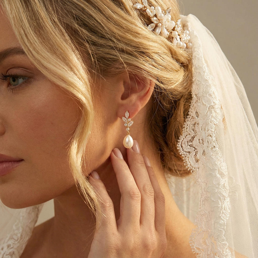 Natural Pearl & Crystal Drop Earrings – Silver Leaf Bridal Earrings