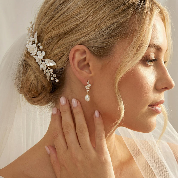 Natural Pearl & Crystal Drop Earrings – Silver Leaf Bridal Earrings