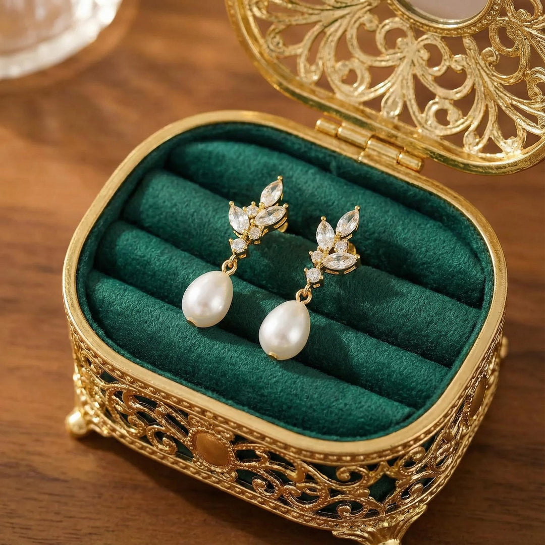 Natural Pearl & Crystal Drop Earrings – Silver Leaf Bridal Earrings