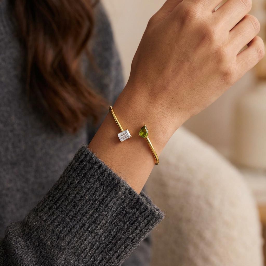 Personalized Double Birthstone Bangle – Dainty Adjustable Cuff