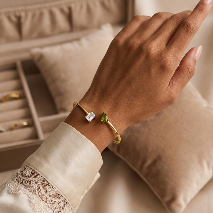 Personalized Double Birthstone Bangle – Dainty Adjustable Cuff