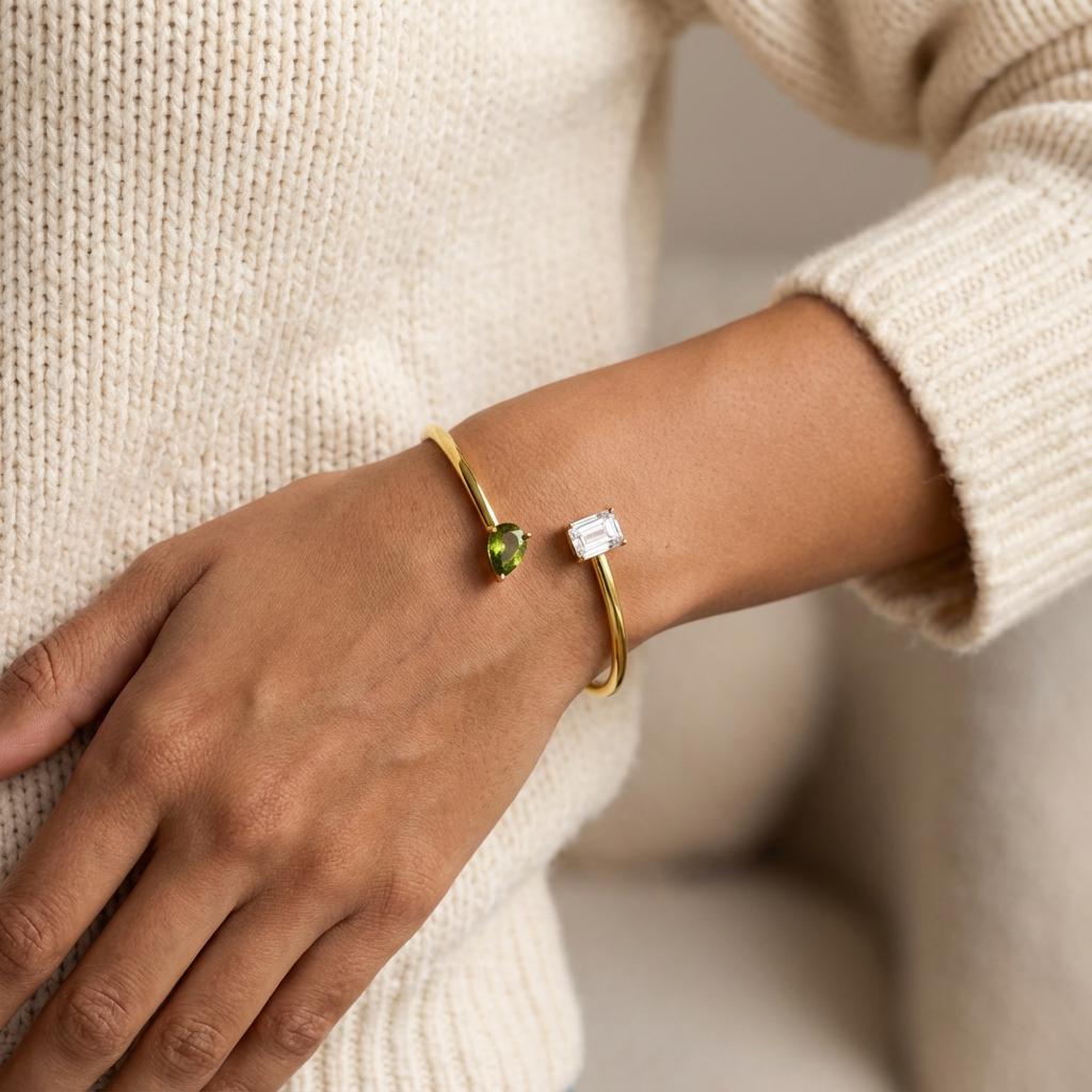 Personalized Double Birthstone Bangle – Dainty Adjustable Cuff