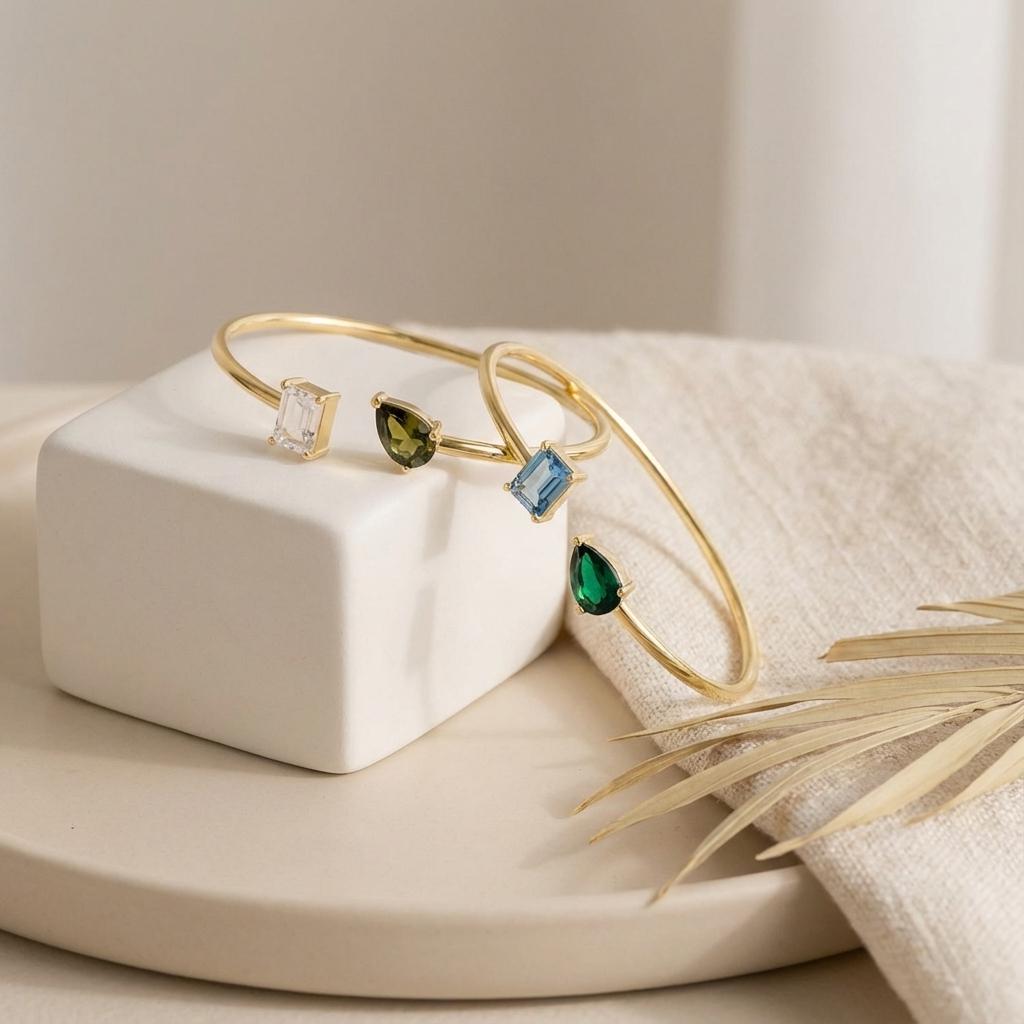 Personalized Double Birthstone Bangle – Dainty Adjustable Cuff