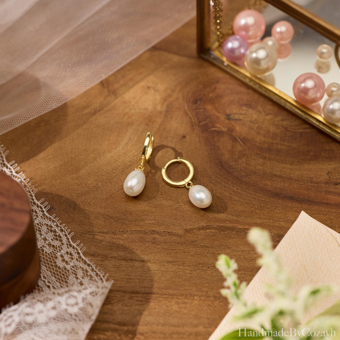 Dainty Freshwater Pearl Drop Hoop Earrings — Gold Huggie Bridal Gift