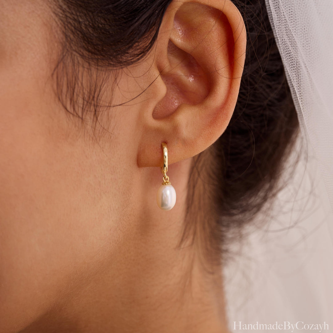 Dainty Freshwater Pearl Drop Hoop Earrings — Gold Huggie Bridal Gift