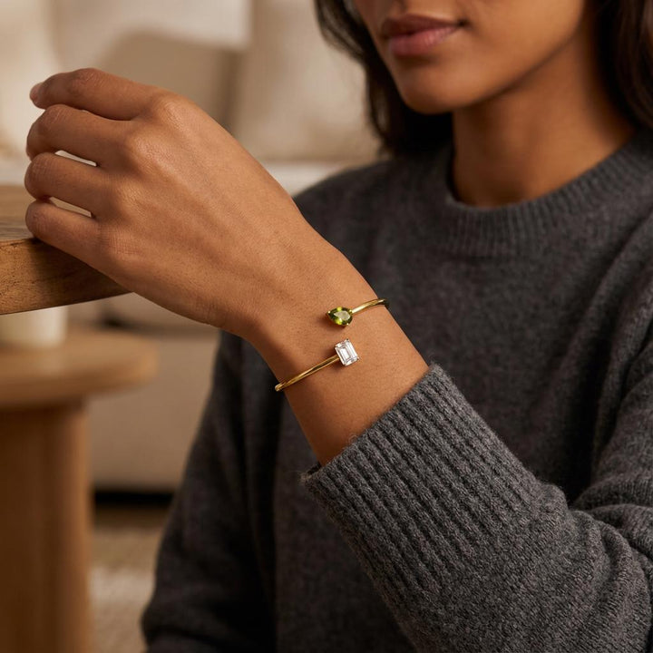Personalized Double Birthstone Bangle – Dainty Adjustable Cuff