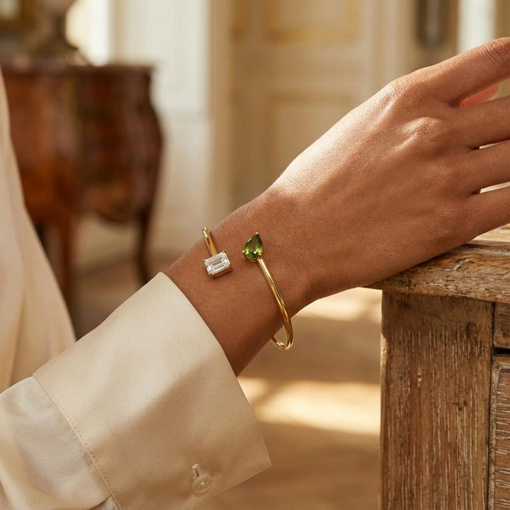 Personalized Double Birthstone Bangle – Dainty Adjustable Cuff