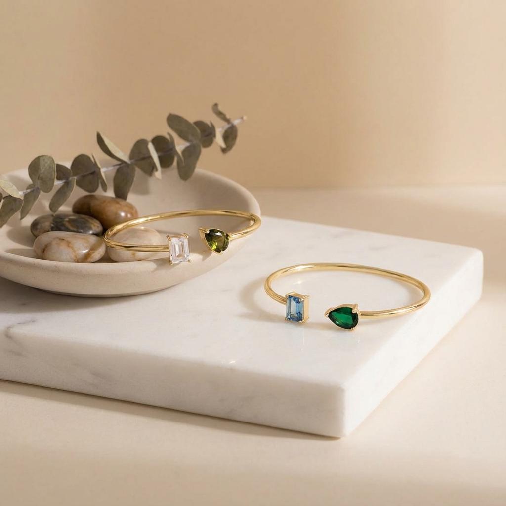 Personalized Double Birthstone Bangle – Dainty Adjustable Cuff