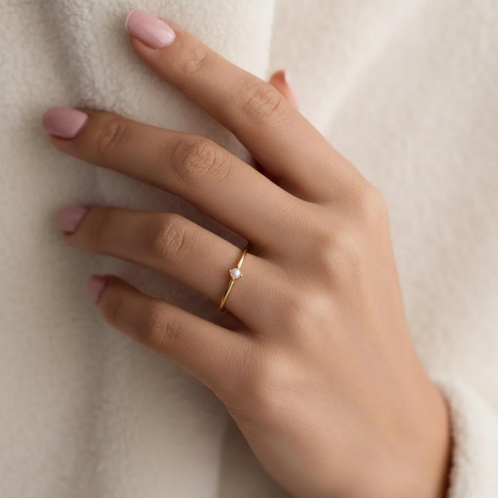 Dainty Pearl Stacking Ring – Delicate Minimalist Band