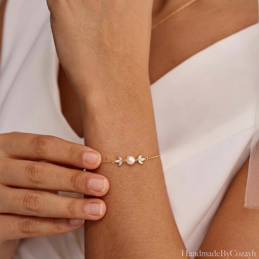 Freshwater Pearl & Crystal Leaf Bracelet – Bridal Jewellery