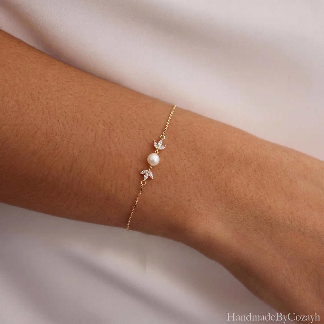 Freshwater Pearl & Crystal Leaf Bracelet – Bridal Jewellery