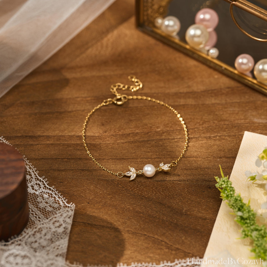 Freshwater Pearl & Crystal Leaf Bracelet – Bridal Jewellery
