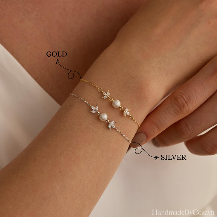 Freshwater Pearl & Crystal Leaf Bracelet – Bridal Jewellery