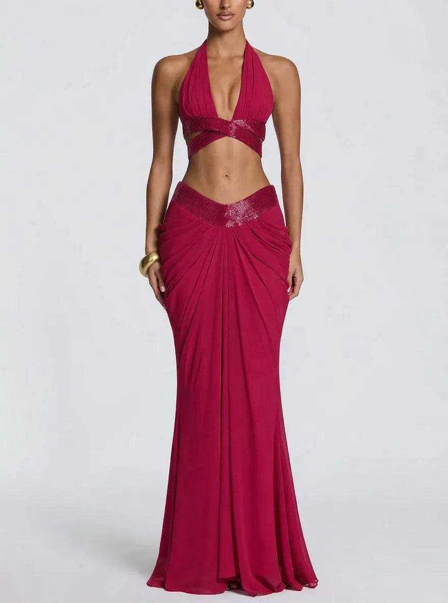 Sophie Chiffon Embellished Trim Crop Halter Tank and Dramatic Gathered Drape Maxi Skirt Set