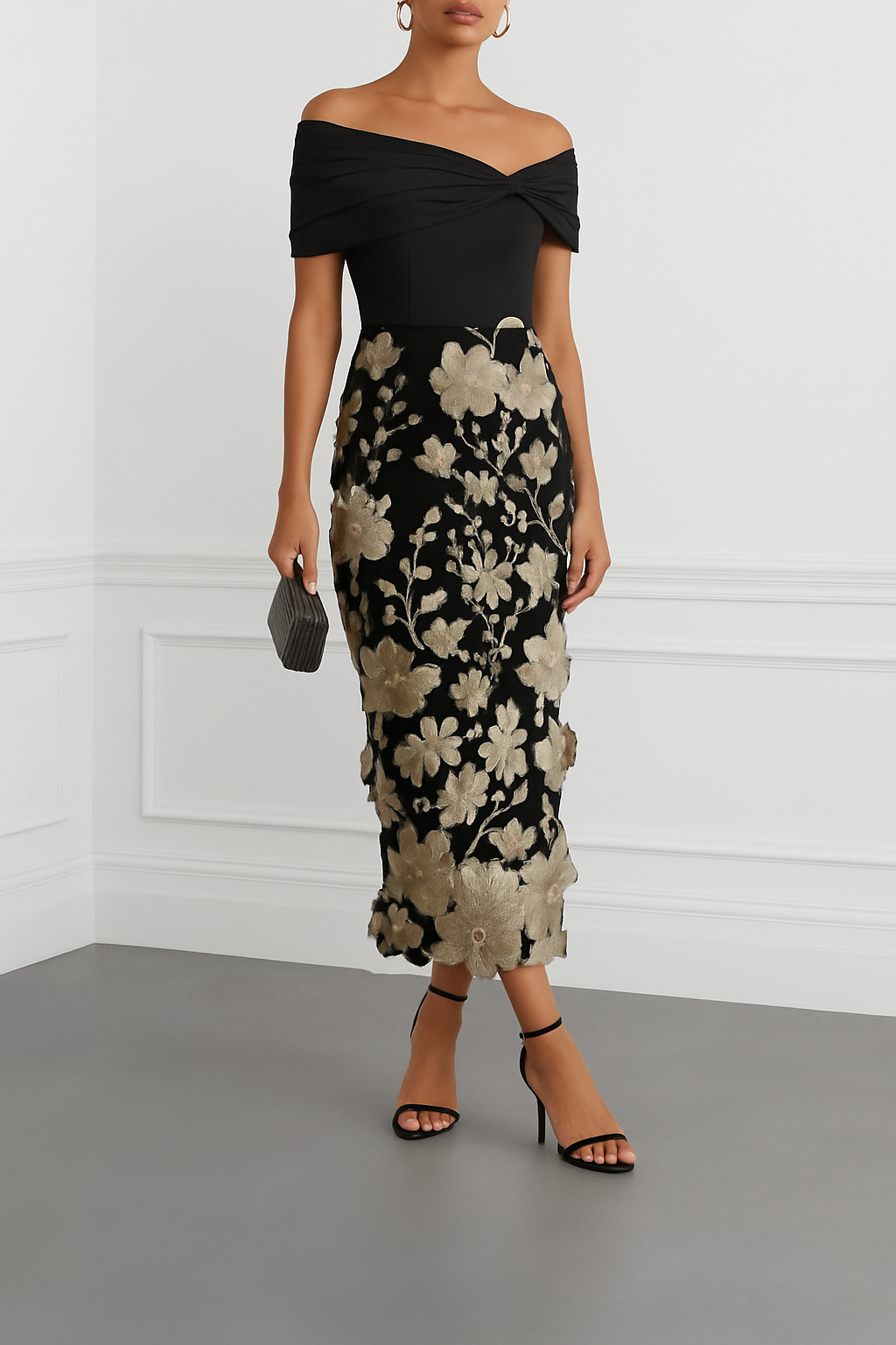 Classic 3D Floral Embroidery Off The Shoulder Short Sleeve Sheath Midi Dress
