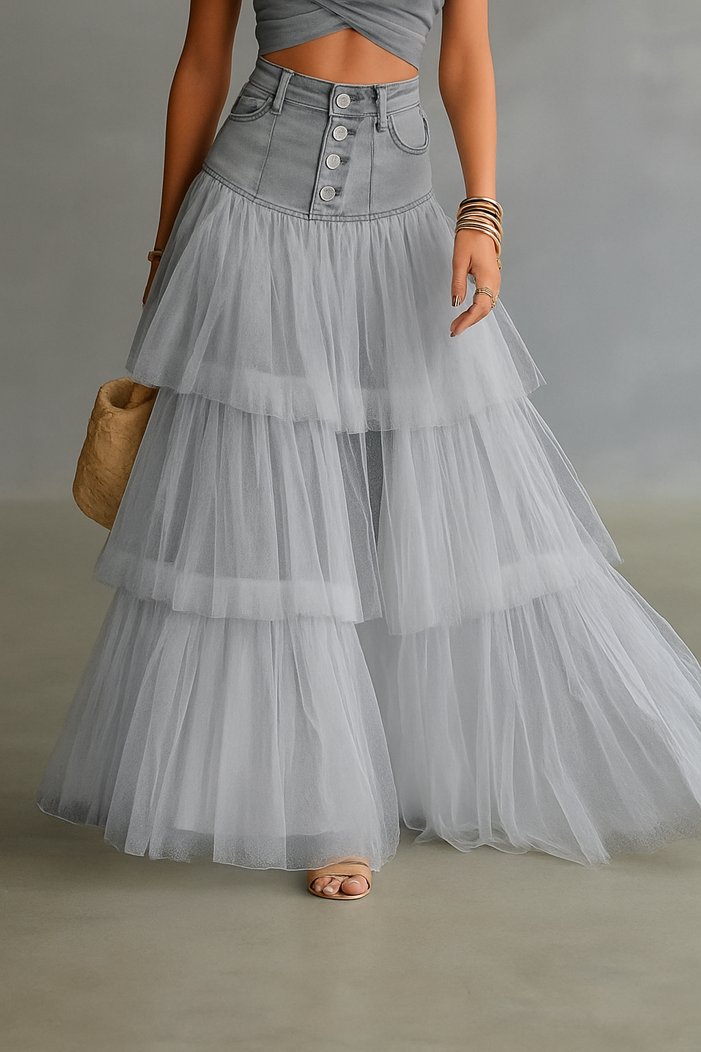 Y2K Fairycore Denim Corset Waist Tulle Maxi Skirt